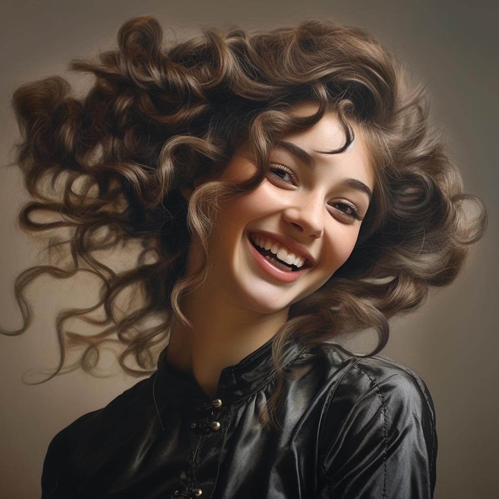 femme heureuse cheveux bouclés brune